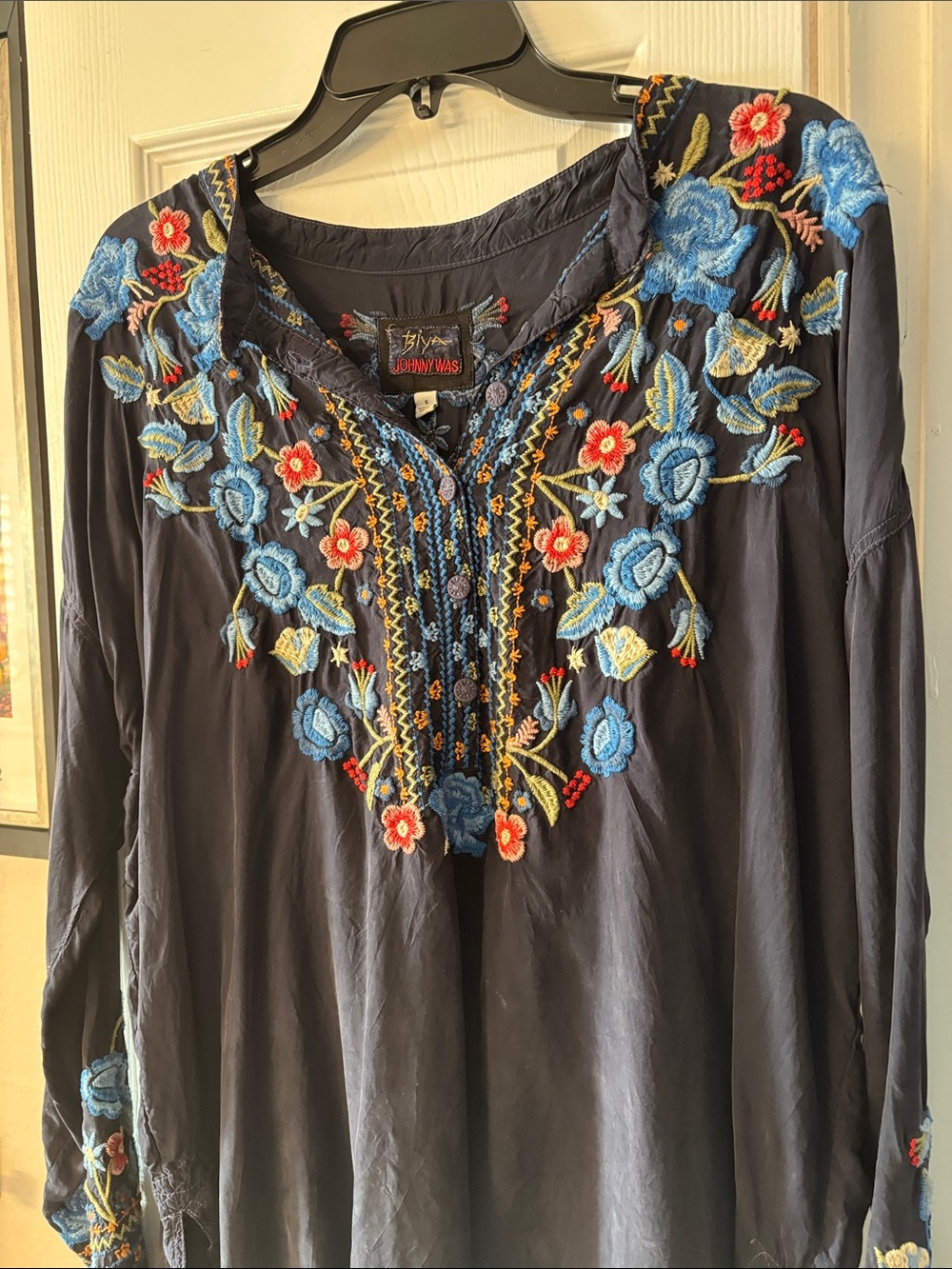 Johnny Was Navy Tunic with Blue and Red Embroidery - Picture 2 of 4